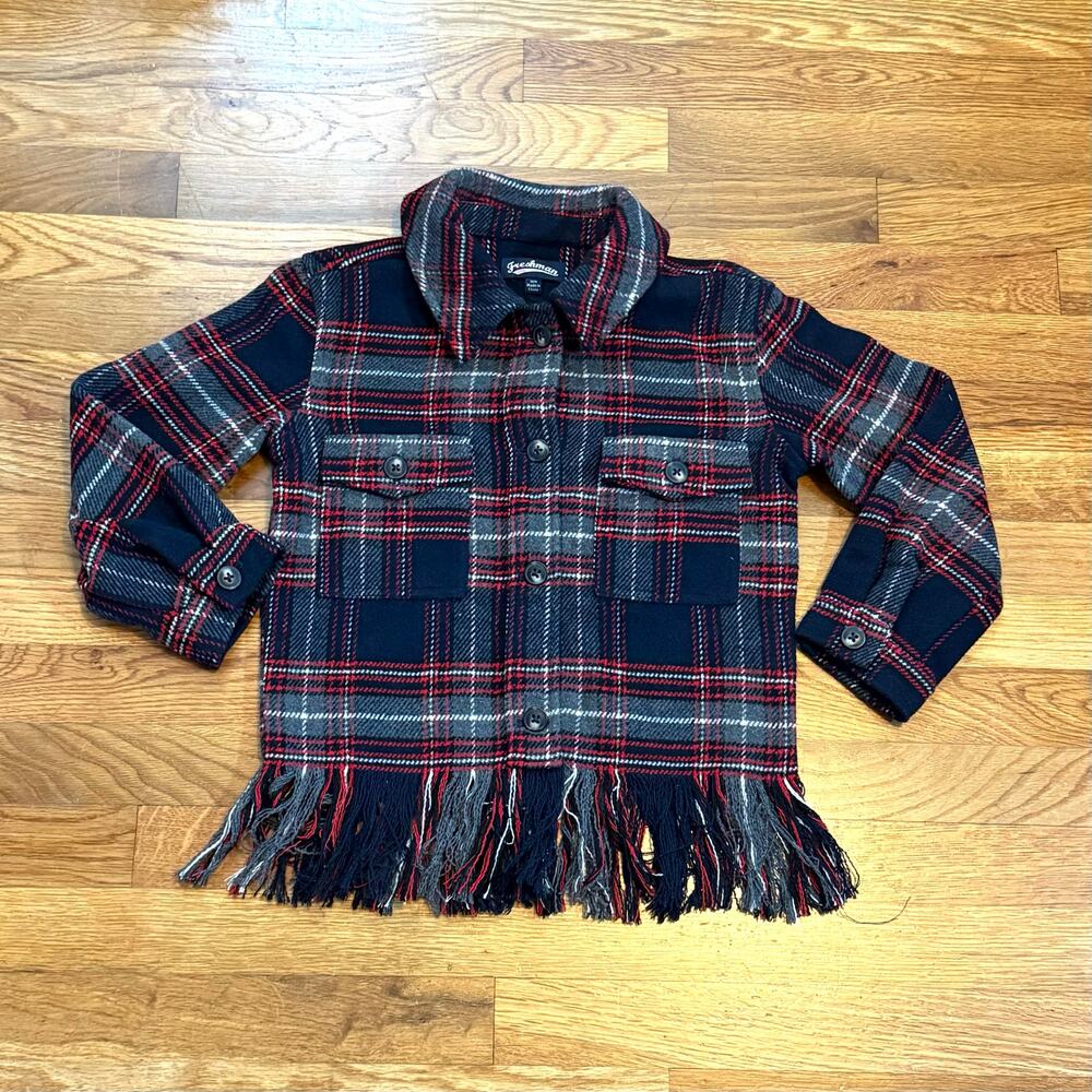 Freshman Kids Girls Small 7 Red Gray Long Sleeve Fringe Flannel Shacket Jacket